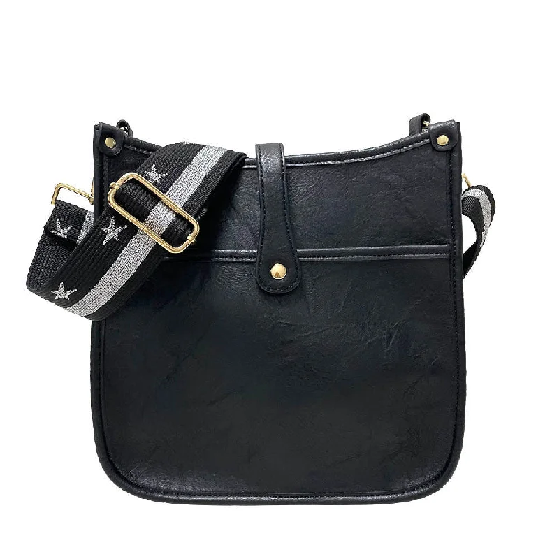 Evening Events Black Distressed Vegan Leather Messenger Bag with Silver/Black Star Strap