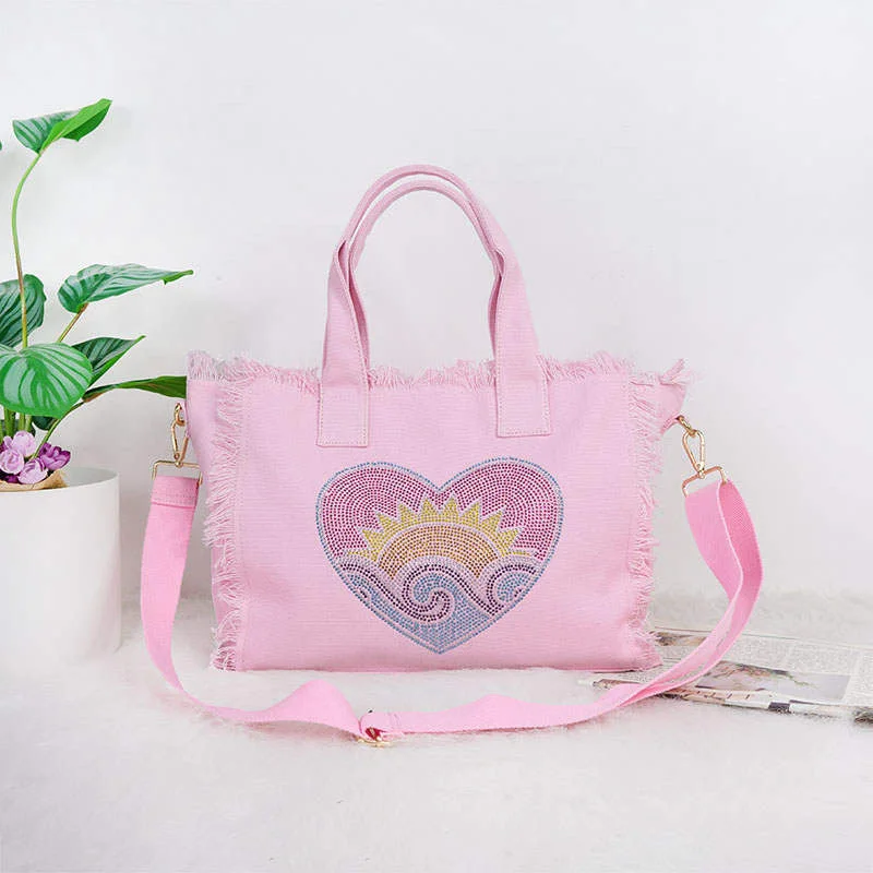 Discounted Designer Bags For Clearance Sale Bling Heart Sun Wave Small Fringe Canvas Tote With Solid Strap - Pink