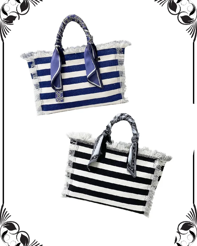 Bags With Limited-Time Deals Canvas Fringe Striped Tote Bandana Handle - Blue or Black