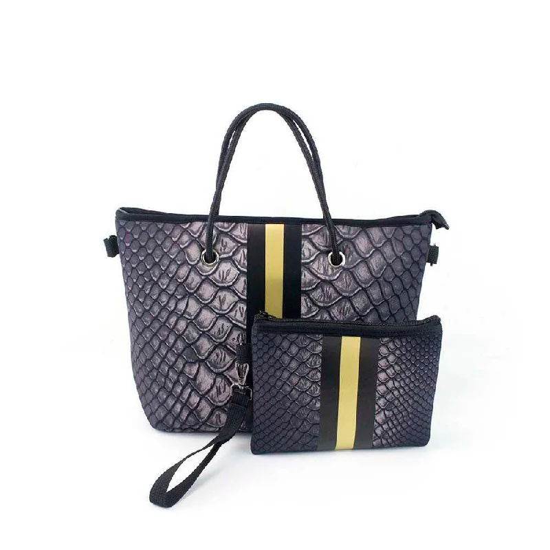 Handbag For Women Charcoal Crocodile with Gold & Black Stripe Mini cross shoulder neoprene bag