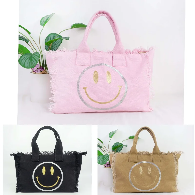 High-Quality Bags Metallic Gold Silver Smiley Face Canvas Fringe Tote - Assorted Colors