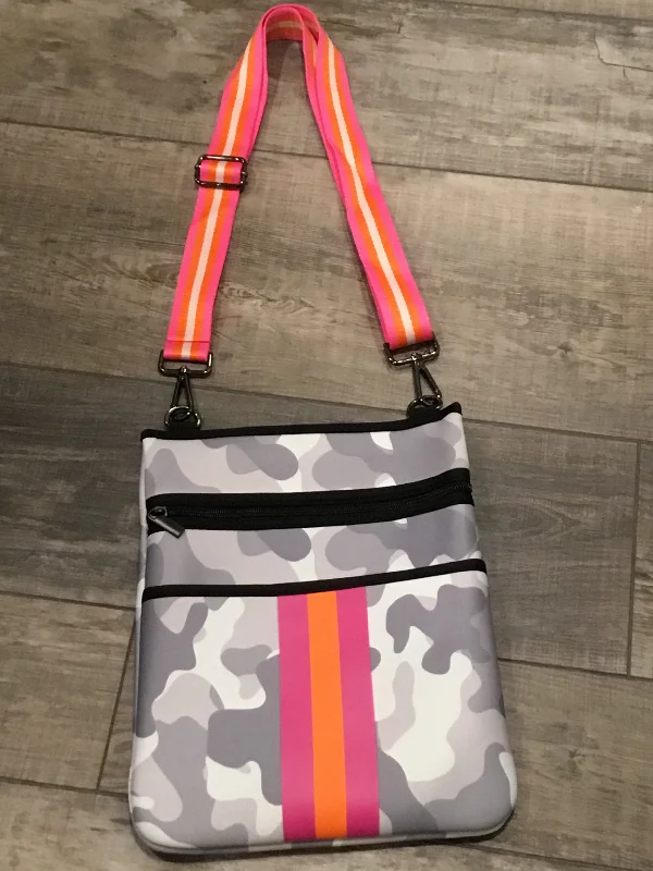 Discounted Designer Bags On Sale Grey Camo neoprene crossbody with Orange & Pink stripes 🧡💗