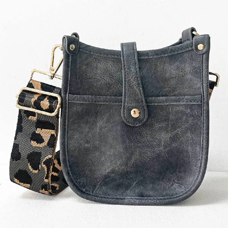 Designer-Inspired Bags At Budget-Friendly Prices Grey Mini Distressed Vegan Leather Messenger Bag w/ Adjustable Grey Léopard Stripe Strap