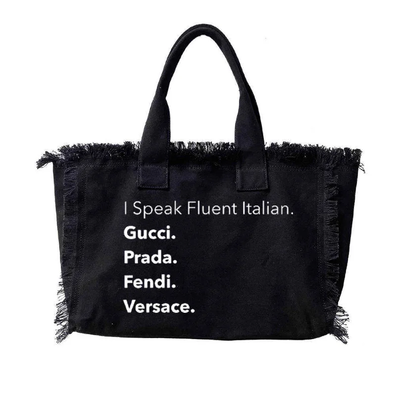 Retro Lovers I Speak Fluent Italian Canvas Fringe Tote - Black