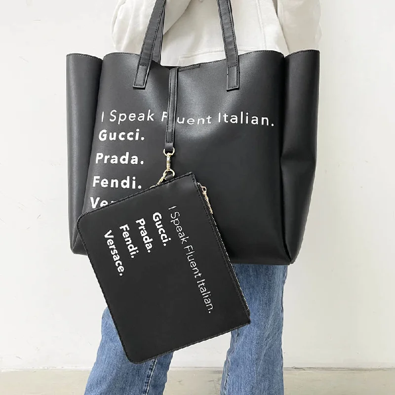 Elegant New Year Party Bags With Flash Sales I Speak Fluid Italian Vegan Leather Tote - Black or Cream