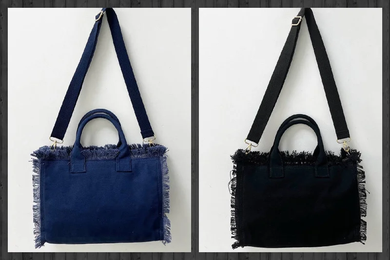 Trendy Festival Bags With Limited-Time Offers Small Fringe Canvas Tote With Solid Strap - Blue or Black