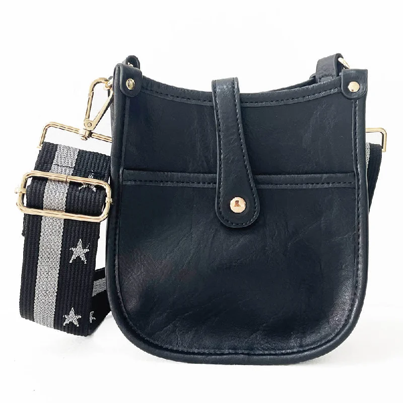 Genuine Bags On Clearance Sale Black Mini Vegan Leather Messenger Bag w/ Adjustable Black & Silver Star Strap