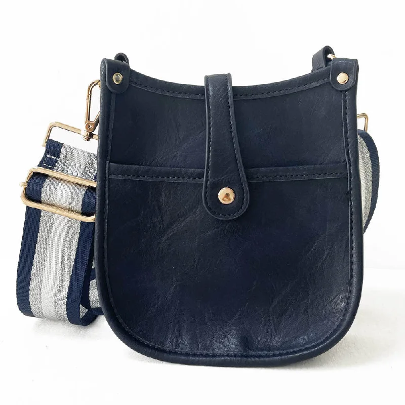 New Year Party Bag For Celebrations Navy Mini Distressed Vegan Leather Messenger Bag w/ Adjustable Navy/Silver/White Stripe Strap