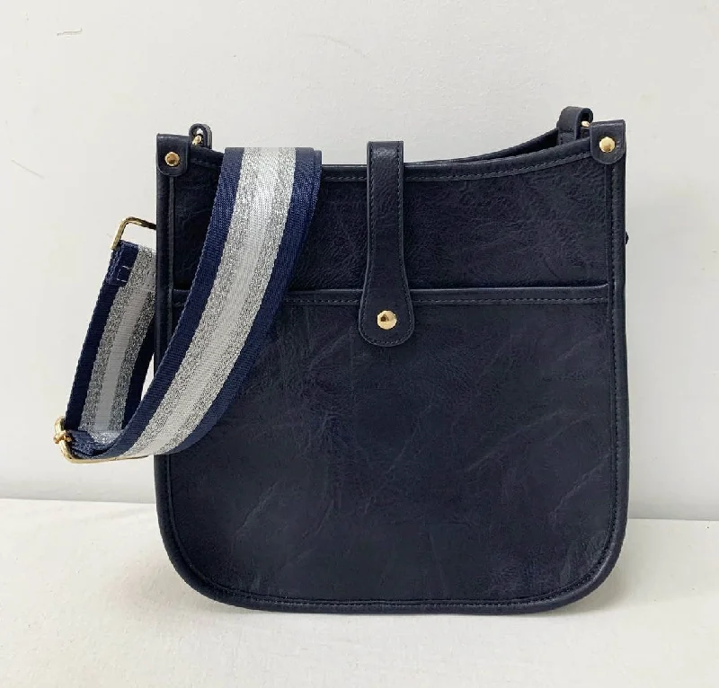 Bags For Playful And Chic Styles Navy Vegan Leather Messenger Bag w/ Adjustable Navy/Silver/White Strap