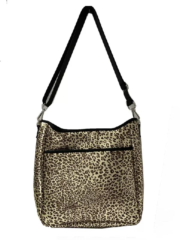 Vibrant Bags With Discounts Neoprene Messenger with Solid Black Strap - Metallic Brushed Gold Leopard