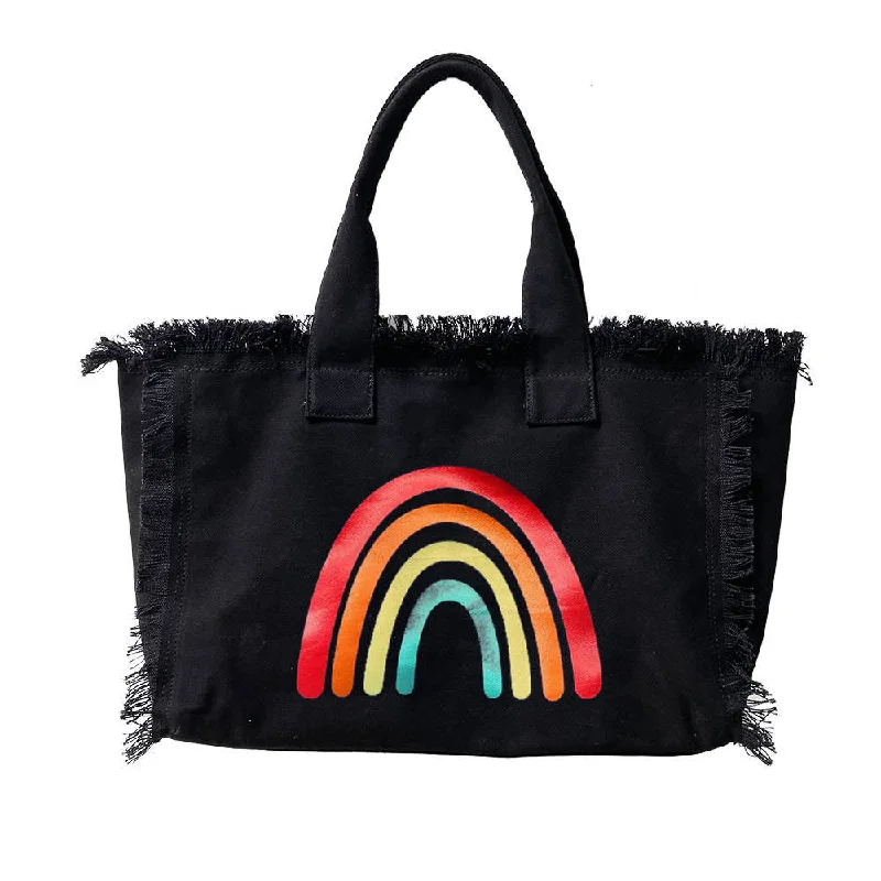 Minimalist Leather Bag For Modern Aesthetics 🌈 Rainbow Canvas Fringe Tote - Black