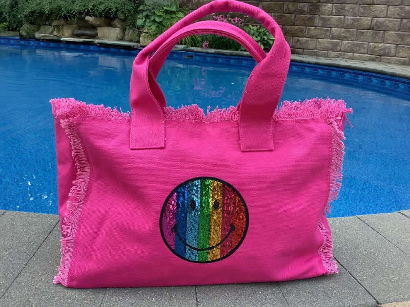 Affordable Bags For Budget Shoppers Rainbow Smiley 😊 Face Canvas Fringe Tote - Assorted Colors