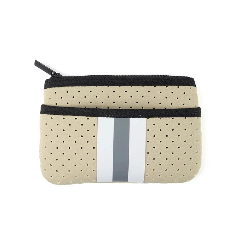 Urban Bags For City Life And Streetwear Fashion Tan with Grey Stripe Mini Neoprene Card, Wallet, Bag Key Purse with Zipper Closure