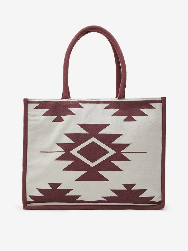 Minimalist Bags For Clean And Modern Aesthetics Westside Accessories Beige & Maroon Geometric Printed Tote Bag