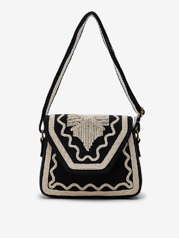 Affordable Bags For College Students On Sale Westside Accessories Black & White Embroidered Sling Bag