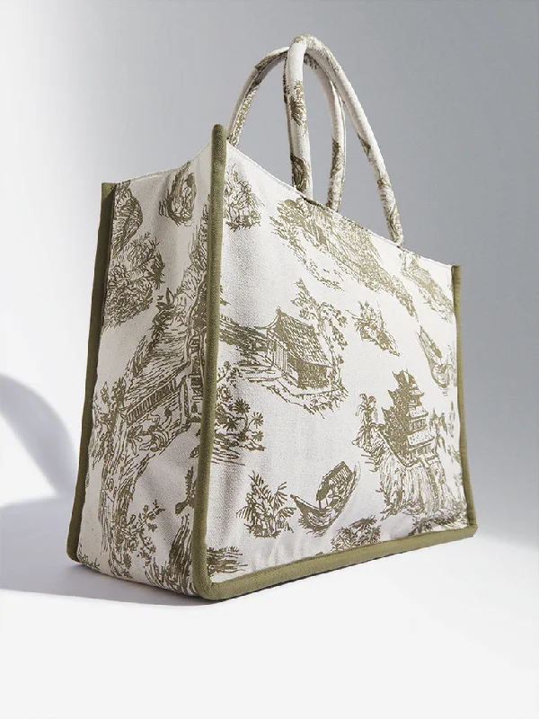 Luxury Bags With Premium Materials And Craftsmanship Westside Accessories Olive and Beige Chinese House Inspired Tote Bag