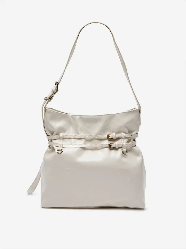 Trendy Bags For Teenage Girls Westside Off-White Textured and Belted Bucket Bag