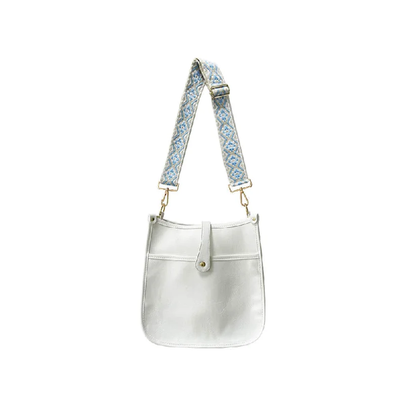 Bags For Sporty And Athletic Styles White Vintage Vegan Leather Messenger Bag w/ Light Blue Abstract Strap