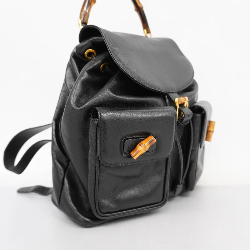 Bags With Discounts GUCCI  Bamboo Rucksack 003 2058 0016 Women,Men,Unisex Leather Backpack Black