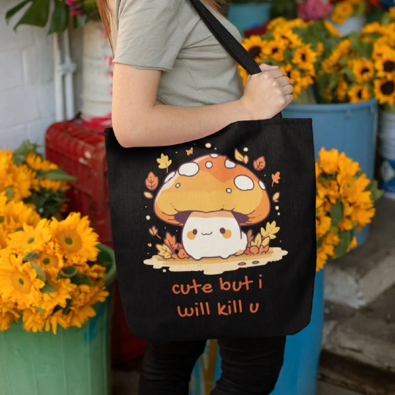 Luxury Bags On Sale Cute But I Will Kill U Mushroom Tote Bag in Black | 16" x 16"