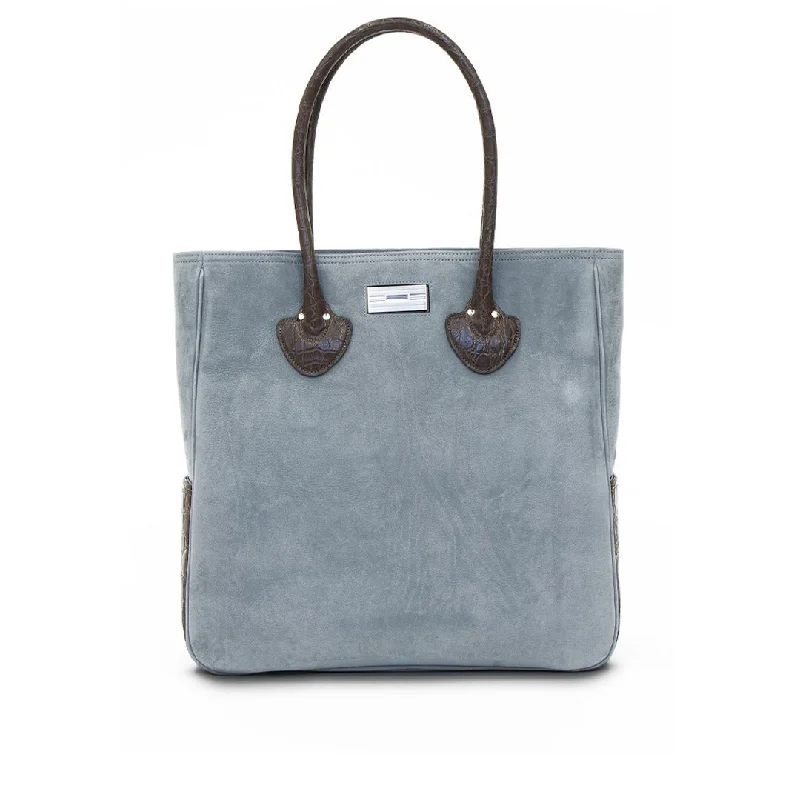 Seasonal Clearance Bags For Summer Essex Travel Tote Suede with Croc Trim, Denim Blue & Brown