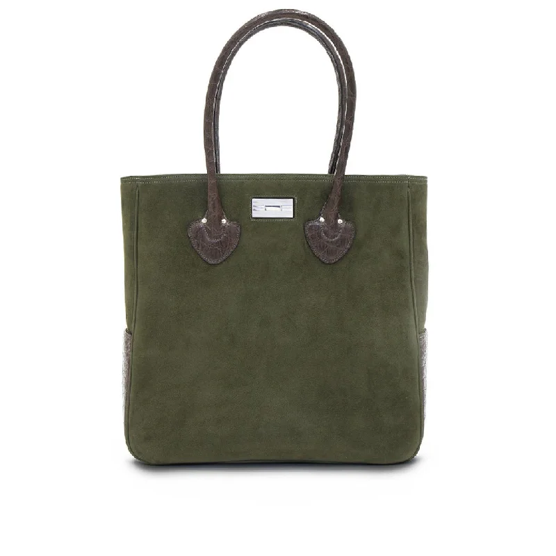 Bag For Luxury Lovers Essex Travel Tote Suede with Croc Trim, Olive & Brown