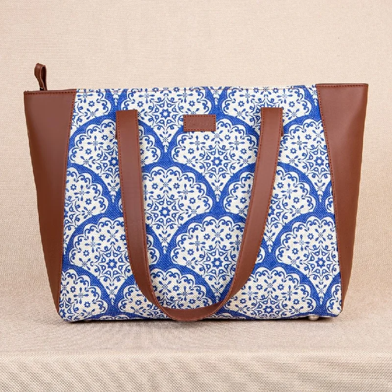 Bold Fashionistas Floral Blue Pottery Side Tote Bag