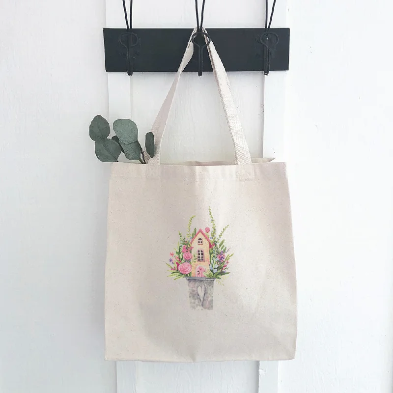 Tote Bag For Everyday Use Floral Pail Fairy House - Canvas Tote Bag