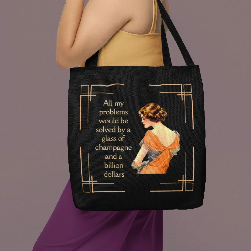 Trendy Bags For Women And Men In 2025 Glass of Champagne and a Billion Dollars Tote Bag in Art Deco Black | 16" x 16"