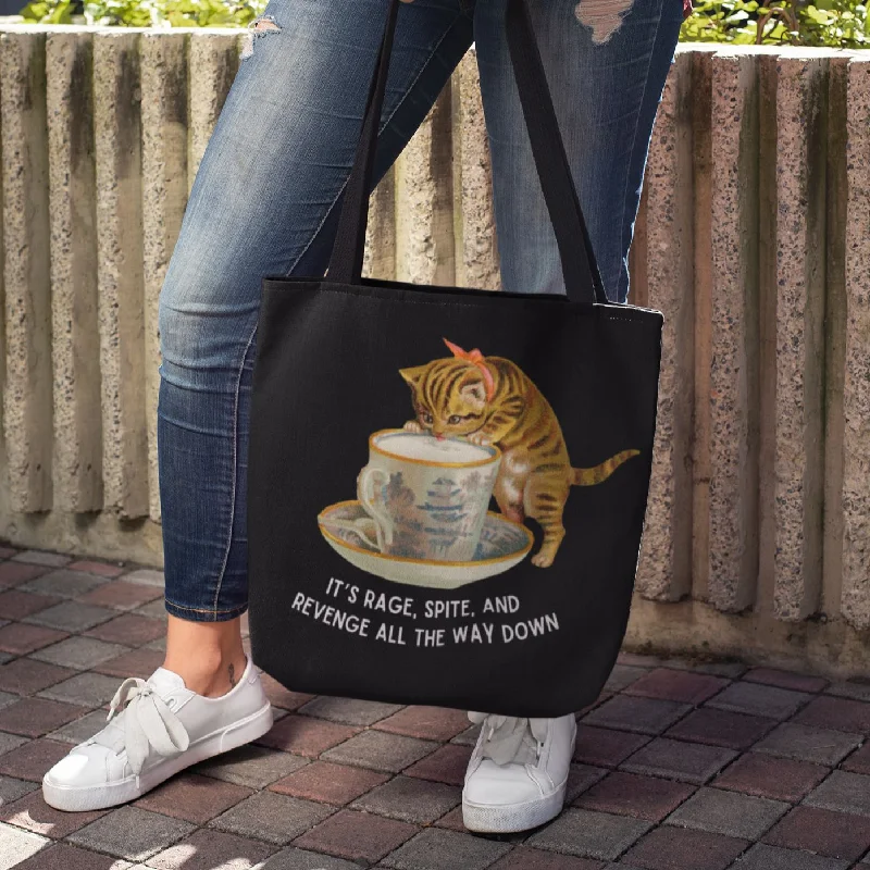 Affordable Bags For Budget Shoppers It's Rage, Spite, and Revenge All the Way Down Cat Tote Bag in Black | 16" x 16"