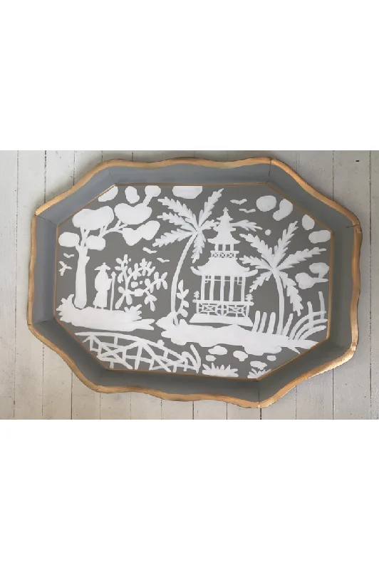 Bags With Discounts Large Grey and White Scalloped Hand Painted Tray