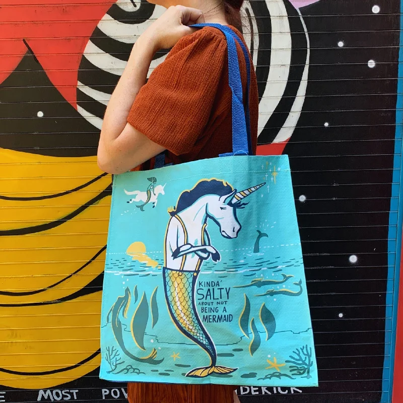 Eco-Friendly Bags With Promotions Kinda' Salty About Not Being A Mermaid Large Market Tote Bag in Mermaid Unicorn Design | 15.50" x 15.25" x 6"