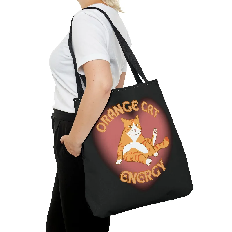 Cyber Monday Discounts On Bags Orange Cat Energy Tote Bag in Black | 18" x 18"