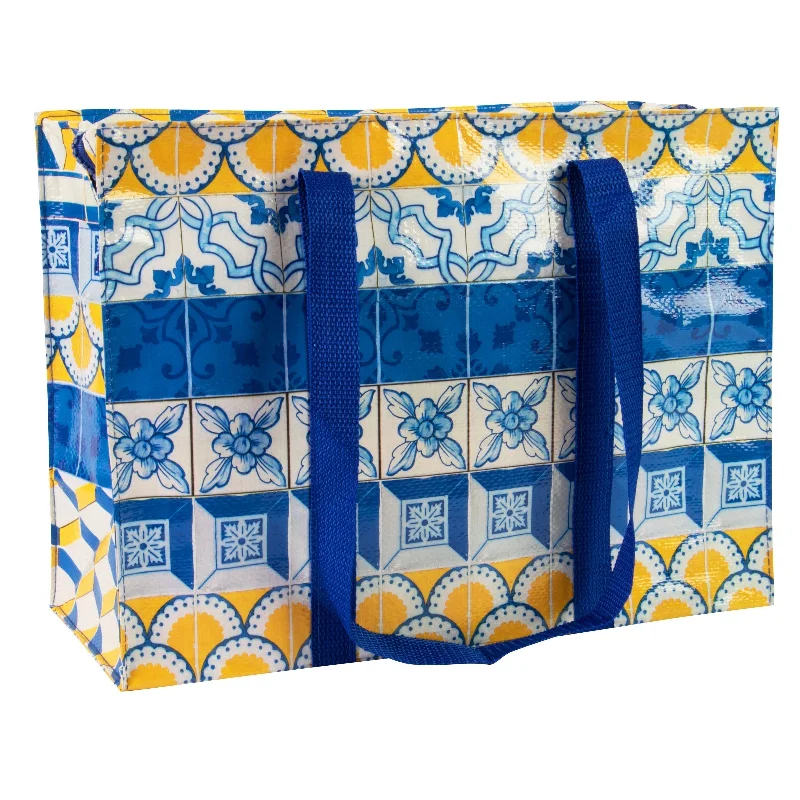 Bag Deals Painted Tiles Shoulder Tote Bag in Blue and Yellow | 11" x 15" | BlueQ at GetBullish