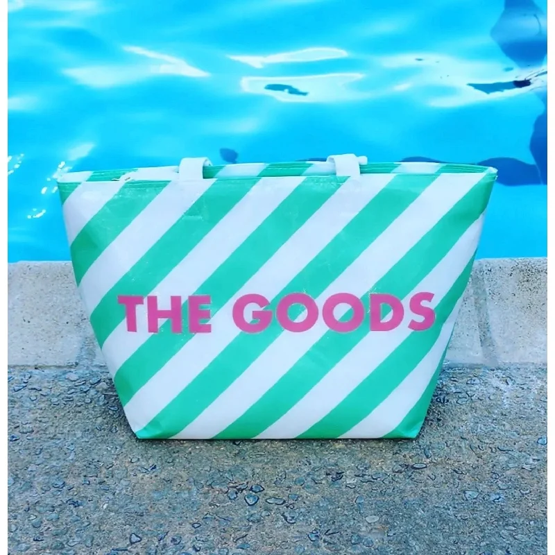 Eco-Friendly And Discounted Bags The Goods Cooler Insulated Tote Bag in Green and White Stripes | Soft Flexible Cooler