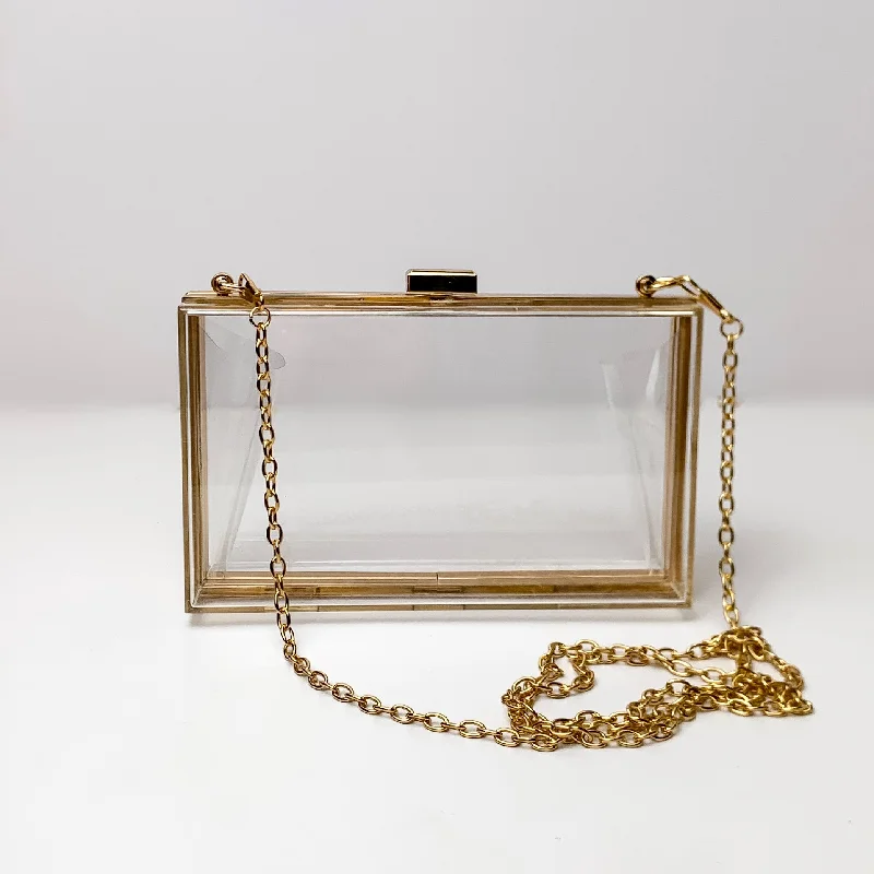 Black Friday And Cyber Monday Bag Deals Clear Rectangle Crossbody Purse with Gold Chain Strap