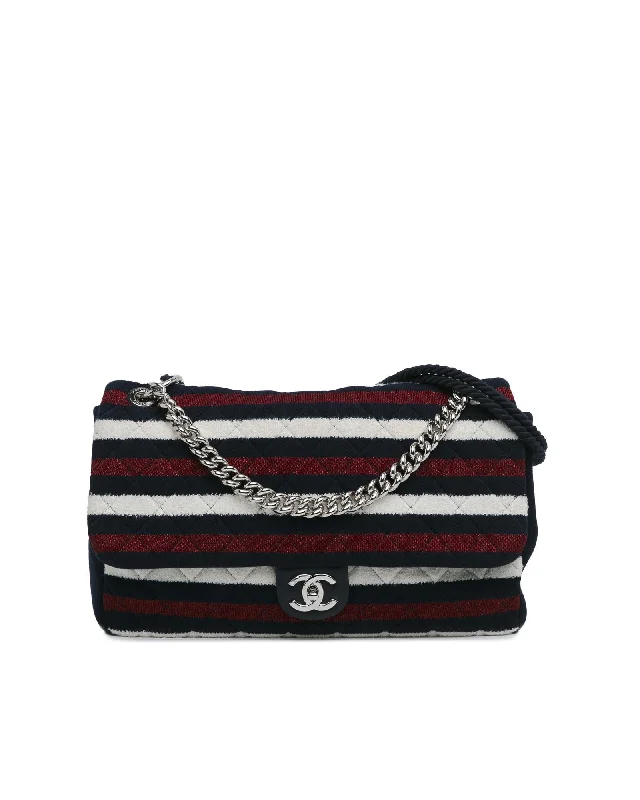 Cozy Handbags With Clearance Prices Maxi Stripe Jersey Rope Flap Satchel with Chain Strap