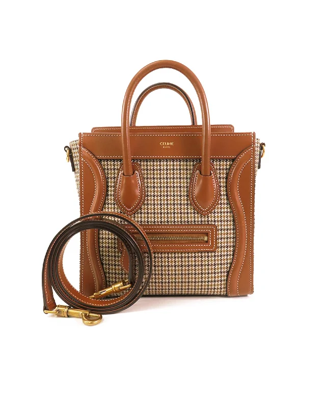 Affordable Bags Nano Canvas Houndstooth Luggage Tote with Leather Trim and Adjustable Strap