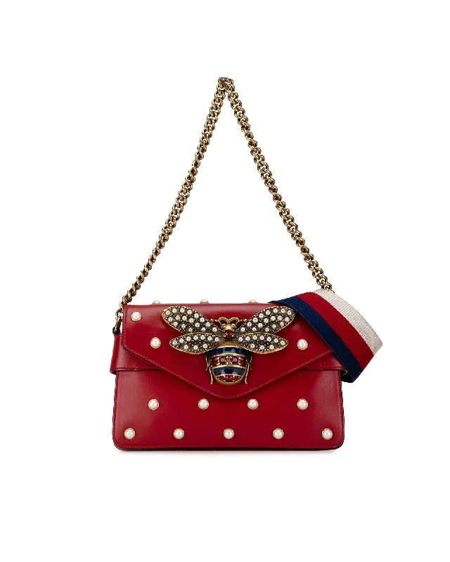 Valentine's Day Embellished Leather Satchel with Chain and Fabric Straps