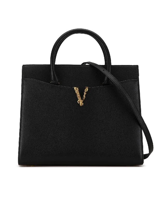 Affordable Bags For Budget Shoppers Large Grained Calfskin Virtus Top Handle with Gold V Detail