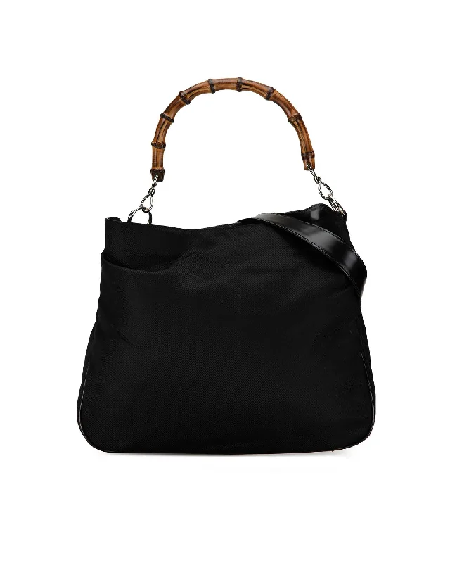 Eco-Friendly Bags With Discounts Nylon Satchel with Bamboo Handle and Leather Strap