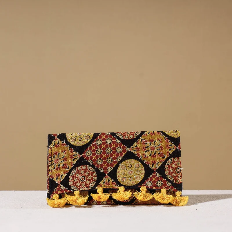 Affordable Bags For College Students On Sale Multicolor - Marudhara Ajrakh Printed Clutch Wallet With Tassels