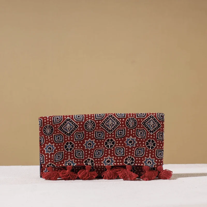 Bags For Outdoor Adventures Red - Marudhara Ajrakh Printed Clutch Wallet With Tassels