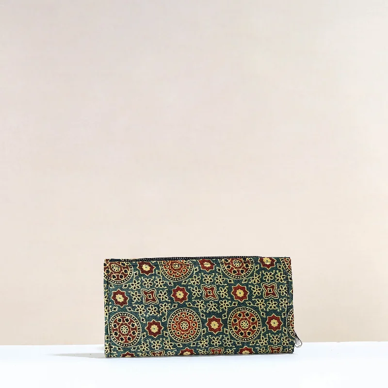 Chic Bags For Office Professionals And Urban Dwellers Green - Handcrafted Ajrakh Mashru Silk Clutch / Wallet