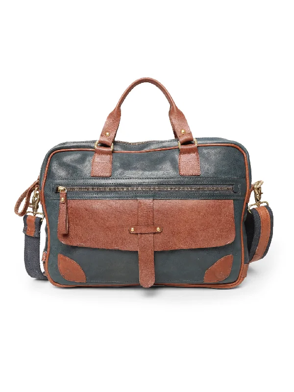 Vintage-Inspired Art N Vintage Winger : Navy With Cognac Real Leather Laptop Bag