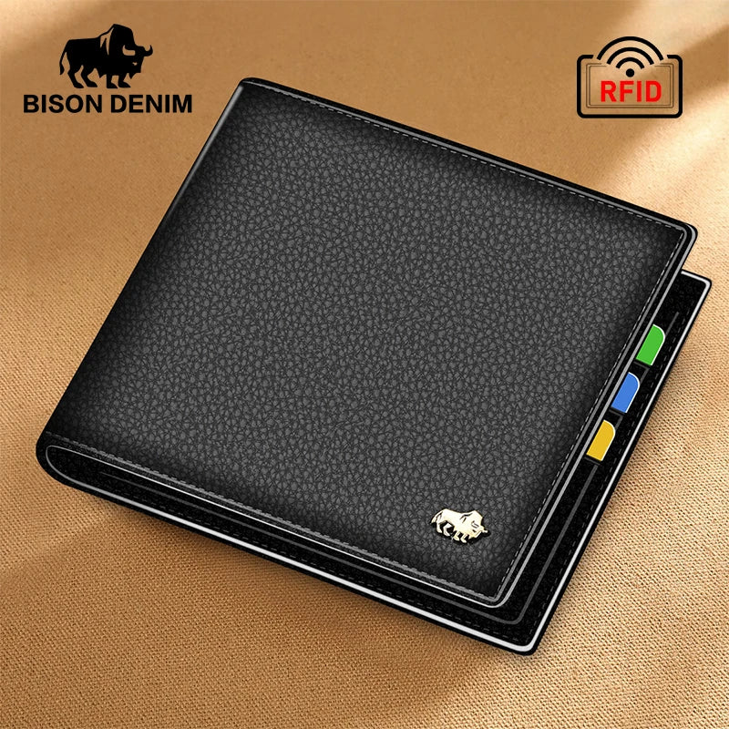 Lightweight Bags For Senior Travelers BISON DENIM Genuine Leather Men Wallets Brand Luxury RFID Bifold Wallet Zipper Coin Purse Business Card Holder Wallet N4470