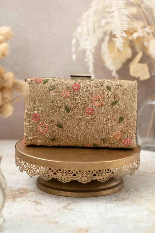 Trendy Bags For Sales Floral Creeper Box Clutch - Gold