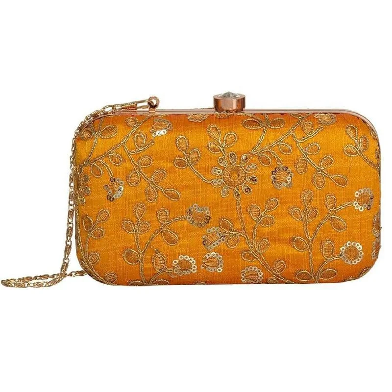 Discounted Designer Bags For Clearance Sale Yellow Party Wear Zari Embroidered Ladies Clutch