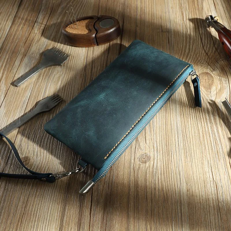 Senior Travelers Handmade Blue Mens Clutch Wallet Personalized Blue Leather Slim Zipper Clutch for Men