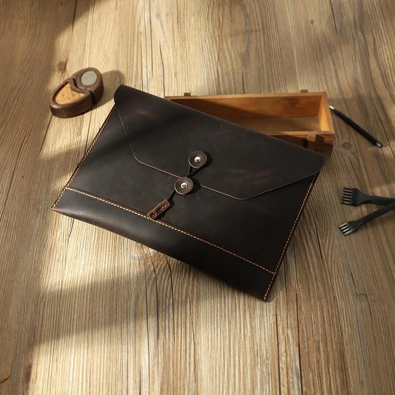 Customizable Bags For Personalized Style Handmade Coffee Mens Clutch A4 Envelope File Bag Personalized Coffee Leather Folder Purse for Men